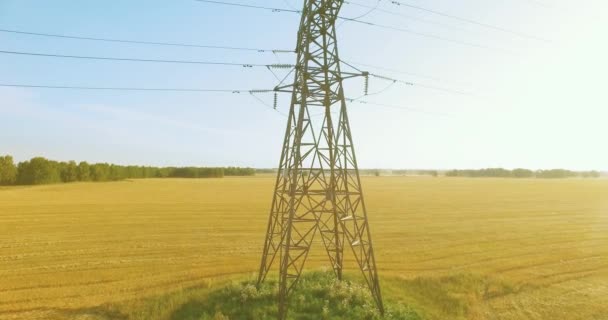 绿地和黄地高压电塔和电力线附近的垂直移动飞行 — 图库视频影像