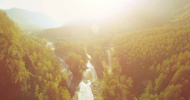 Mid air flygning över färska berg flod och äng på solig sommarmorgon. Landsbygdsvägen nedanför. — Stockvideo