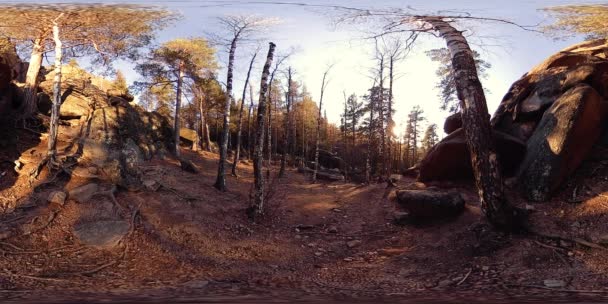 4K 360 VR เสมือนจริงของฉากภูเขาที่สวยงามในฤดูใบไม้ร่วง ภูเขาไซบีเรียป่า . — วีดีโอสต็อก