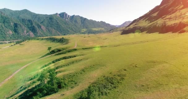 Camino de montaña rural aéreo y prado en la soleada mañana de verano. Autopista del asfalto y río. — Vídeo de stock