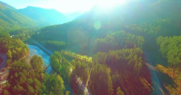 Midden in de lucht vlucht over verse bergrivier en weide op zonnige zomerochtend. Landelijke onverharde weg onder. — Stockvideo