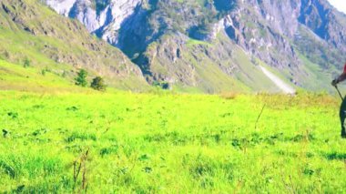Sırt çantası ile yeşil dağ çayır üzerinde yürüyen adam hiking. Yaz spor ve eğlence kavramı.