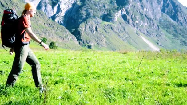 Senderismo hombre caminando en el prado de montaña verde con mochila. Verano deporte y recreación concepto . — Vídeos de Stock