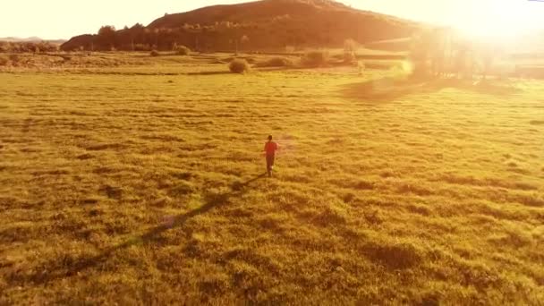 Flight over sport man at perfect green grass meadow. Sunset in mountain — Stock Video