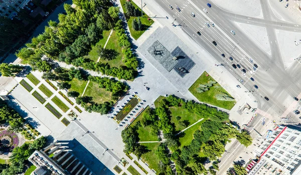 Aerial city view with roads, houses and buildings. — Stock Photo, Image