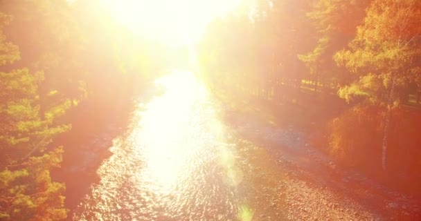 Vue aérienne UHD 4K. Survol d'une rivière de montagne fraîche. Mouvement d'inclinaison vertical à horizontal . — Video