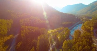 Güneşli yaz sabahında taze dağ nehri ve çayır üzerinde uçuşun ortasında. Aşağıdaki kırsal toprak yol.