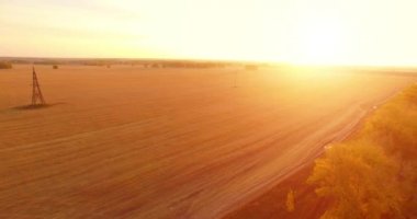 UHD 4K hava görüntüsü. Sarı kırsal alan ve toprak yol üzerinde orta-uçuş