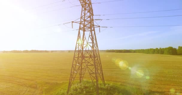 绿地和黄地高压电塔和电力线附近的垂直移动飞行 — 图库视频影像
