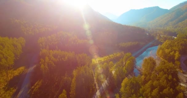 Vzdušný let nad čerstvou horskou řekou a loukou za slunečného letního rána. Venkovská prašná cesta pod. — Stock video