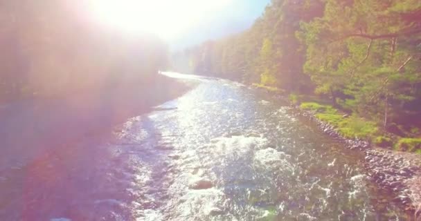 Volo a bassa quota sul fresco fiume di montagna veloce con rocce al soleggiato mattino d'estate. — Video Stock