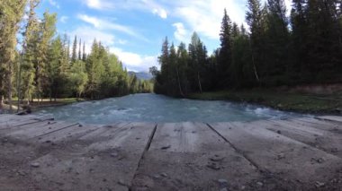 Dağ nehri kıyısındaki çayır. Yeşil çimlerle, çam ağaçlarıyla ve güneş ışınlarıyla kaplı bir manzara. Motorlu kaydırma kulesinde hareket.