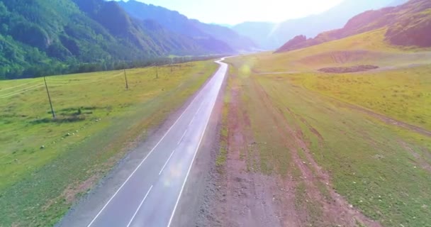 Vuelo sobre carretera asfaltada montaña carretera y prado — Vídeo de stock