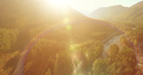 Volo a bassa quota sul fresco fiume di montagna veloce con rocce al soleggiato mattino d'estate. — Video Stock