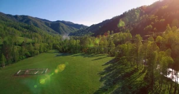 Mid air flight over fresh mountain river and meadow at sunny summer morning. Rural dirt road below. — Stock Video