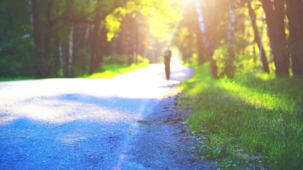 Homem do desporto a correr na estrada de asfalto. Parque rural da cidade. Floresta de árvore verde e raios de sol no horizonte. — Vídeo de Stock