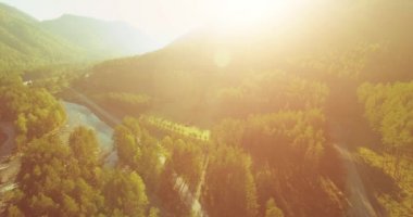 Güneşli yaz sabahında taze dağ nehri ve çayır üzerinde uçuşun ortasında. Aşağıdaki kırsal toprak yol.
