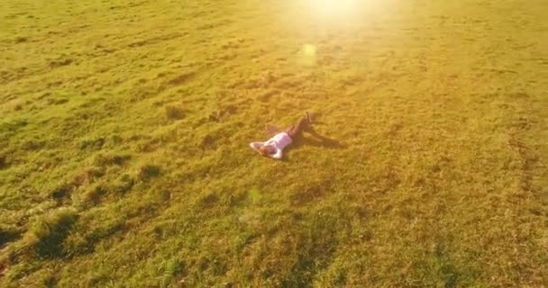 Niedriger Orbitalflug um den Menschen auf grünem Gras mit Notizblock auf gelbem Feld. — Stockvideo