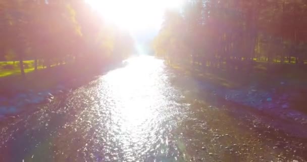 Vuelo en medio del aire sobre un río de montaña fresco y limpio en la soleada mañana de verano — Vídeos de Stock