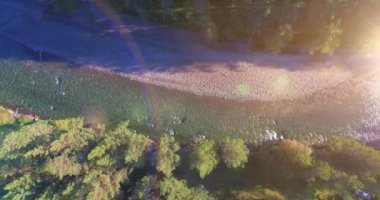 Güneşli yaz sabahında kayalarla birlikte taze, hızlı dağ nehri üzerinde alçak irtifa uçuşu..