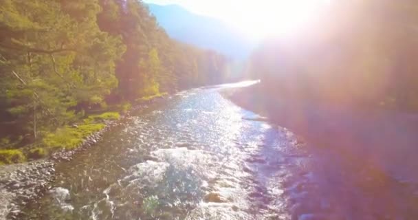 Laaggelegen vlucht over verse snelle bergrivier met rotsen op zonnige zomerochtend. — Stockvideo