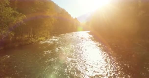 Tiefflug über frischen schnellen Gebirgsfluss mit Felsen an sonnigem Sommermorgen. — Stockvideo