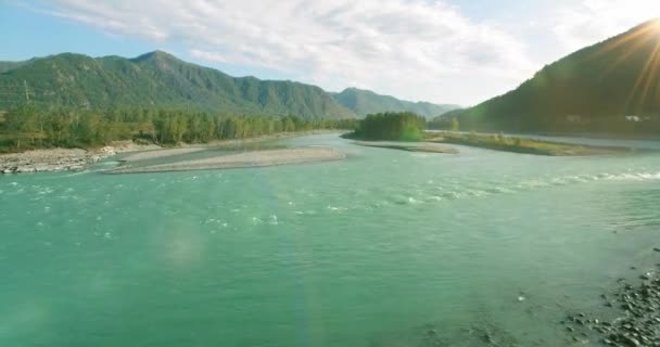 日当たりの良い夏の朝に岩と新鮮な速い山の川の上の低高度飛行. — ストック動画