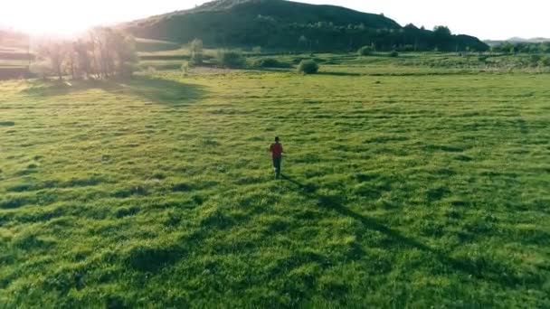 Flight over sport man at perfect green grass meadow. Sunset in mountain — Stock Video