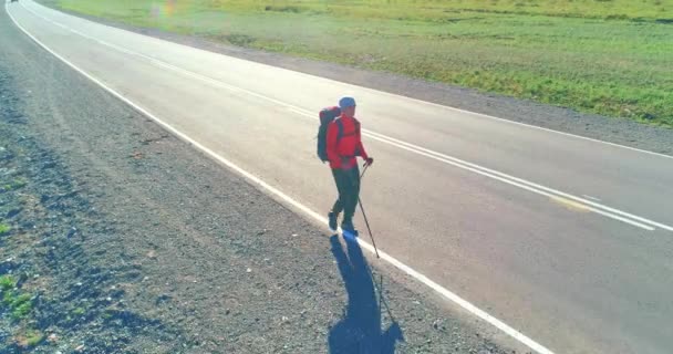 Repülés egy stoppos turista felett, aki aszfalt úton sétál. Hatalmas vidéki völgy a nyári napokon. Hátizsákos túrázó.. — Stock videók