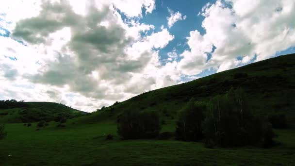 4K UHD mountain meadow timelapse at the summer. Clouds, trees, green grass and sun rays movement. — Stock Video