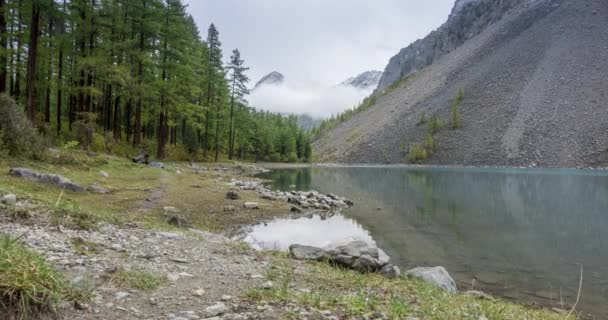 Horské jezero čas vypršel v létě nebo na podzim. Divoká příroda a horské údolí. Zelený les borovic a rychlé mraky na obloze. Motorizovaný posuvník Dolly — Stock video