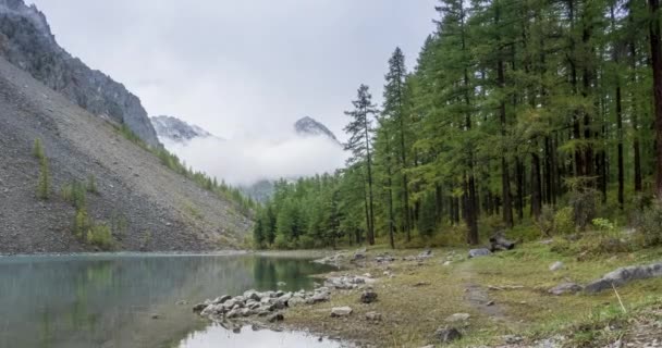 Horské jezero čas vypršel v létě nebo na podzim. Divoká příroda a horské údolí. Zelený les borovic a rychlé mraky na obloze. Motorizovaný posuvník Dolly — Stock video