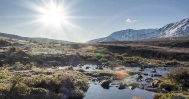 Yaz ya da sonbahar aylarında çayır zamanı. Vahşi doğa ve kırsal vadi. Güneş ışınları, küçük dere ve sarı otlar. Dolly kaydırma hareketi