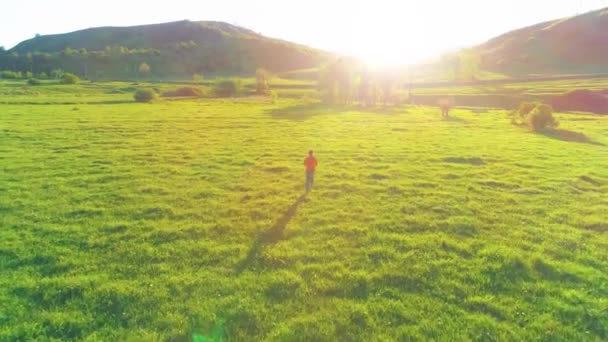 Flyvning over sport mand på perfekt grønt græs eng. Solnedgang i bjerget – Stock-video