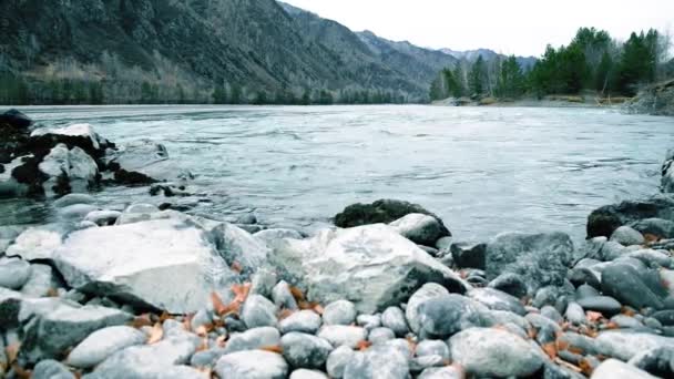 Dolly deslizador de tiro de las salpicaduras de agua en un río de montaña cerca del bosque. Rocas húmedas y rayos de sol. Movimiento horizontal constante. — Vídeo de stock