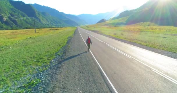 Asfalt yolda yürüyen otostopçu turist üzerinden uçuş. Yaz günü büyük bir kırsal vadi. Sırt çantalı gezgin.. — Stok video