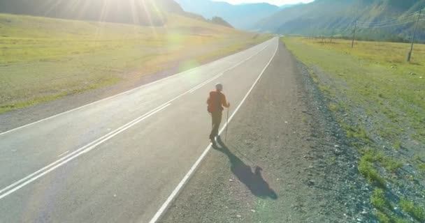 Flug über Tramper Touristen zu Fuß auf asphaltierter Straße. Riesiges ländliches Tal an Sommertagen. Rucksackwanderer. — Stockvideo