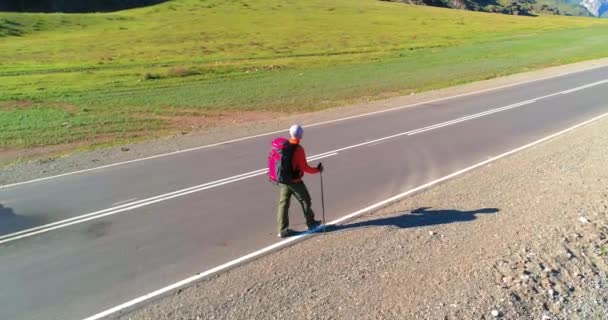 アスファルトの道路を歩くヒッチハイカーの観光客の上のフライト。夏の日に巨大な田舎の谷。リュックハイキング男. — ストック動画