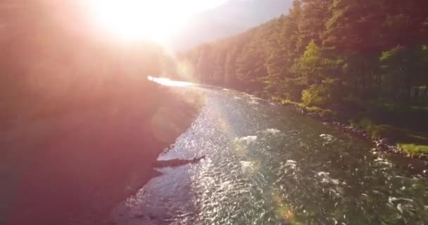 Vuelo en medio del aire sobre un río de montaña fresco y limpio en la soleada mañana de verano — Vídeos de Stock