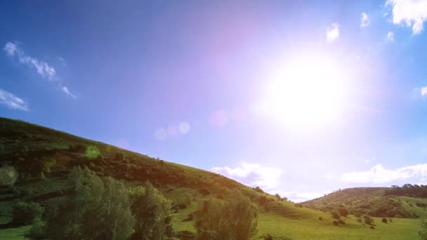 4K UHD山の牧草地は夏にタイムラプスします。雲、木、緑の草、太陽光線の動き. — ストック動画