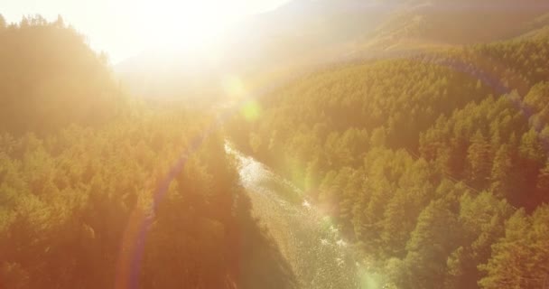 Tiefflug über frischen schnellen Gebirgsfluss mit Felsen an sonnigem Sommermorgen. — Stockvideo