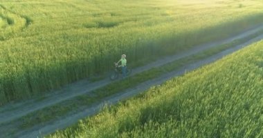 Kırsal yoldaki bir çim tarlasında bisiklet süren genç bir çocuğun hava manzarası. Güneş ışığı ve ışınlar.