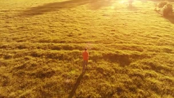 Lot nad człowiekiem sportowy działa na idealne zielona trawa wiejski łąka offroad. Zachód słońca w góry — Wideo stockowe
