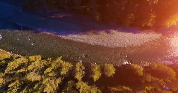 Vuelo en medio del aire sobre un río de montaña fresco y limpio en la soleada mañana de verano. Movimiento vertical — Vídeos de Stock