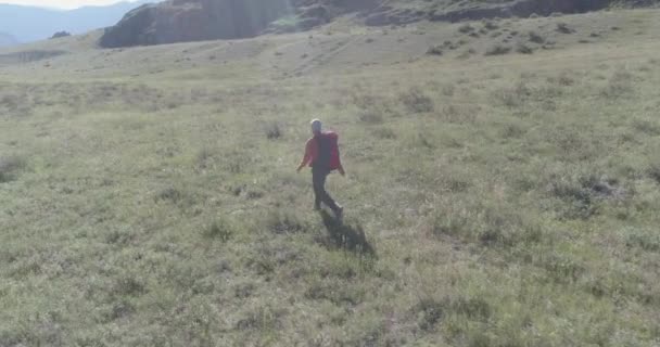 Flight over Backpack hiking tourist walking across green mountain field. Huge rural valley at summer day. — Stock Video