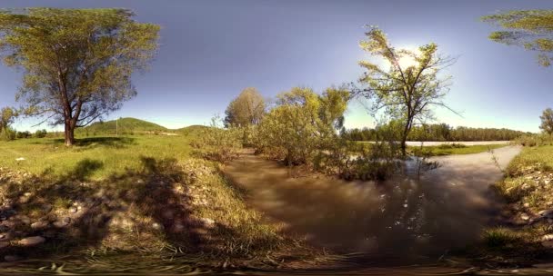 UHD 4K 360 VR La réalité virtuelle d'une rivière coule sur des rochers dans un magnifique paysage de forêt de montagne — Video