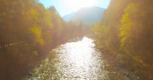 Volo a bassa quota sul fresco fiume di montagna veloce con rocce al soleggiato mattino d'estate. — Video Stock