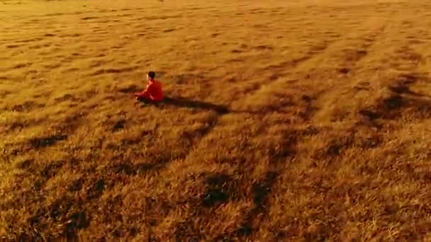 Nízká nadmořská výška radiální let nad sportovním jóga muž v dokonalé zelené trávě. Západ slunce v horách. — Stock video