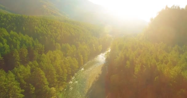 Tiefflug über frischen schnellen Gebirgsfluss mit Felsen an sonnigem Sommermorgen. — Stockvideo