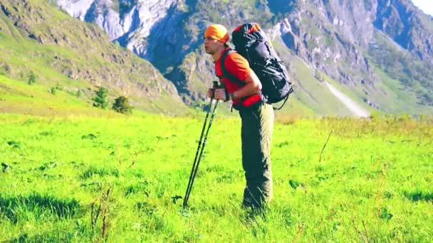 徒步旅行的人走在绿色的山草甸与背包。夏季体育与休闲概念. — 图库视频影像